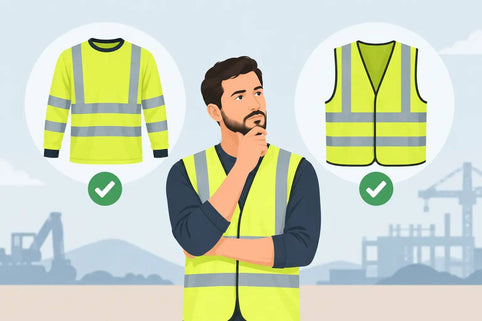 Warnschutzshirt oder Sicherheitsweste: gelbes Warnschutzshirt und neongelbe Weste mit silbernen Reflexstreifen, illustriert an einer Person
