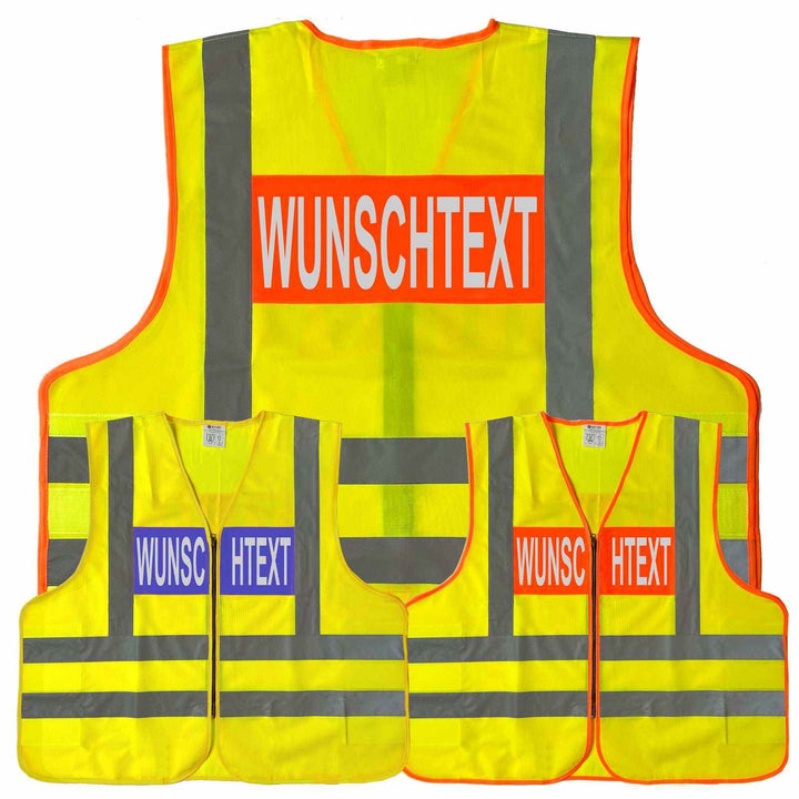 Dönges Signalwesten in Gelb-Orange und Gelb-Blau mit Wunschtext
