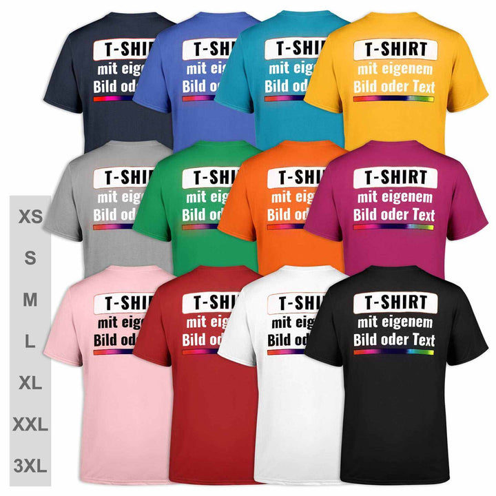 T-Shirts in verschiedenen Farben mit Beispielen für individuellen Text- und Bilddruck