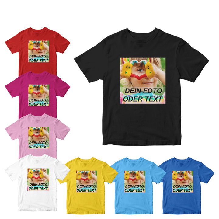 Kinder-T-Shirts in verschiedenen Farben mit vollfarbigen Druckbeispielen