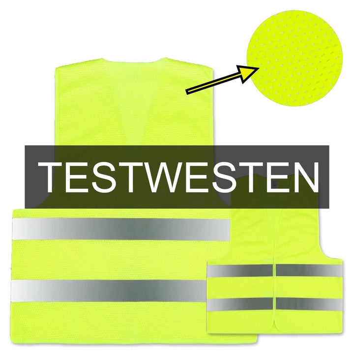 Gelbe Mesh-Testwesten mit Reflexstreifen und Detailansicht des Gewebes