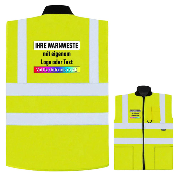 2 in 1 Bodywarmer Korntex Ural mit Wendefunktion, fluoreszierende Hi-Vis Weste und schwarze Steppjacke, reflektierende Streifen und praktische Taschen