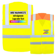 Warnweste Minden in gelb mit vier reflektierenden Streifen, praktischem Klettverschluss und individuellem Druck auf der Vorder- und Rückseite