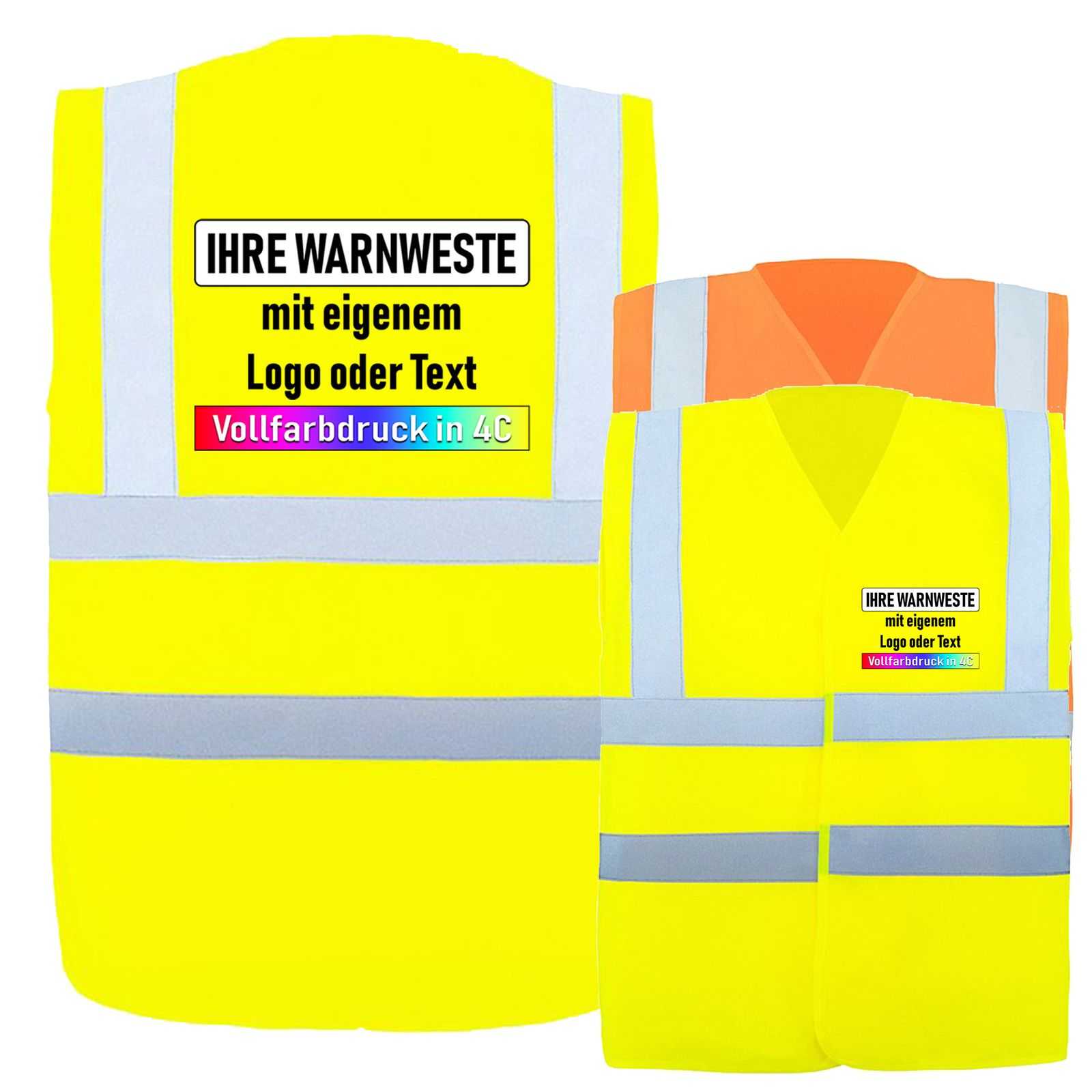 Warnweste Minden in gelb mit vier reflektierenden Streifen, praktischem Klettverschluss und individuellem Druck auf der Vorder- und Rückseite