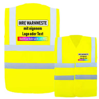 Warnweste Minden in leuchtgelb aus Polyester mit vier breiten reflektierenden Streifen und individuellem Aufdruck vorne und hinten