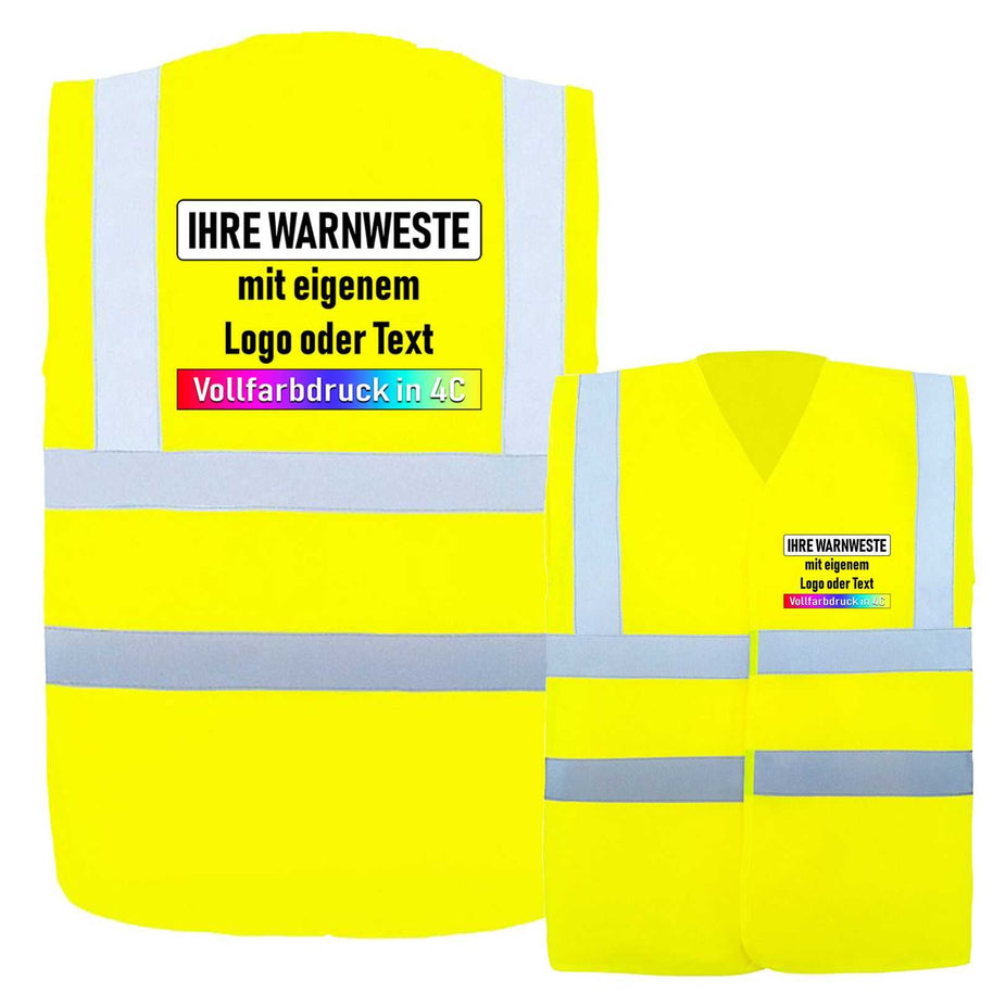 Warnweste Minden in leuchtgelb aus Polyester mit vier breiten reflektierenden Streifen und individuellem Aufdruck vorne und hinten
