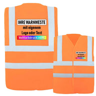 Warnweste Minden leuchtend orange aus Polyester mit vier breiten weißen Reflexstreifen und individuellem Aufdruck auf Rücken und Brust.