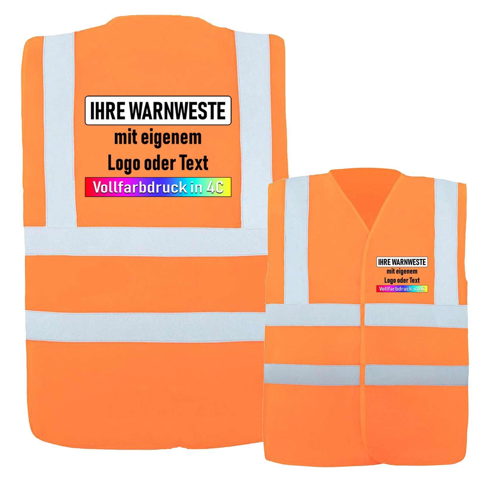 Warnweste Minden leuchtend orange aus Polyester mit vier breiten weißen Reflexstreifen und individuellem Aufdruck auf Rücken und Brust.