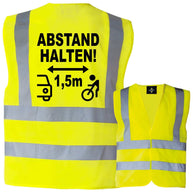 Gelbe Warnweste mit Aufdruck ABSTAND HALTEN für Fahrrad und E-Bike, zertifizierte Warnweste Klasse 2, verschiedene Westenarten