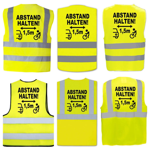Warnwesten mit Aufdruck ABSTAND HALTEN in verschiedenen Ausführungen für Fahrrad und E-Bike, gelb mit reflektierenden Streifen