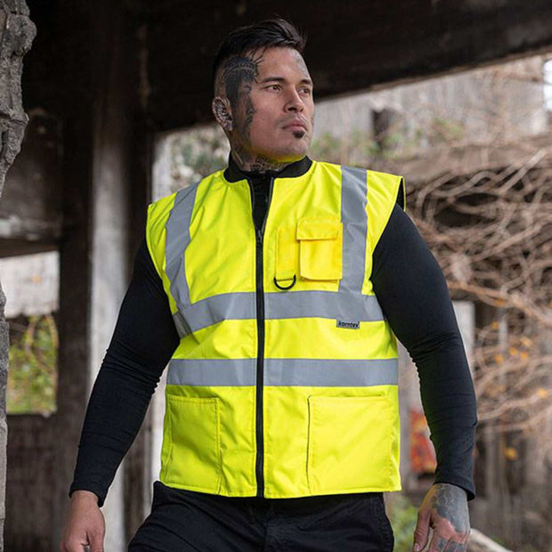 2 in 1 Bodywarmer „Ural“ in fluoreszierendem Gelb mit Reflexstreifen und Taschen, zertifizierte Hi-Vis-Weste mit Wendefunktion
