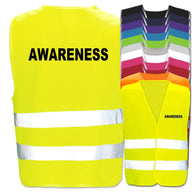 Warnwesten mit Aufdruck Awareness in verschiedenen Farben und Größen mit reflektierenden Leuchtstreifen