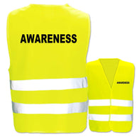Warnwesten mit Aufdruck Awareness in verschiedenen Farben und Größen mit reflektierenden Leuchtstreifen