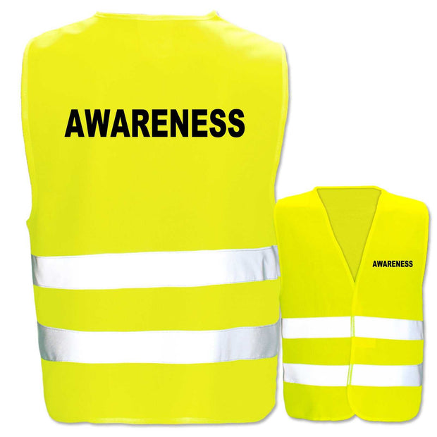 Warnwesten mit Aufdruck Awareness in verschiedenen Farben und Größen mit reflektierenden Leuchtstreifen