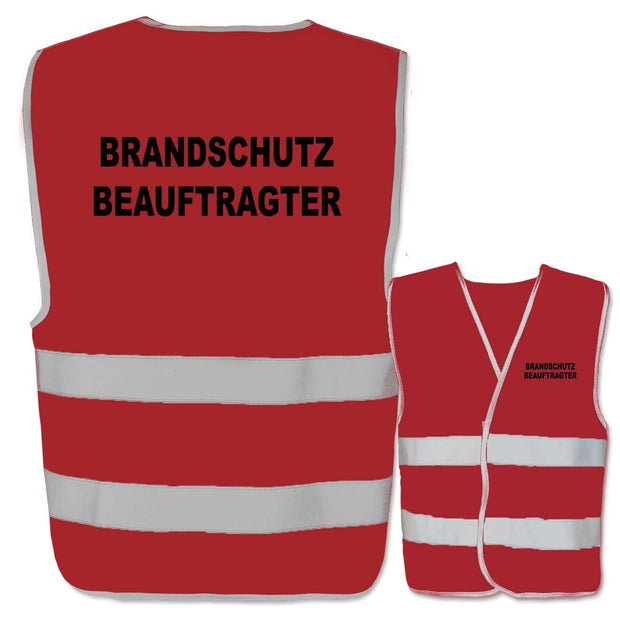 Rote Warnweste mit Aufdruck Brandschutzbeauftragter und zwei Leuchtstreifen, reflektierend, verschiedene Größen und Farben, anpassbarer Text