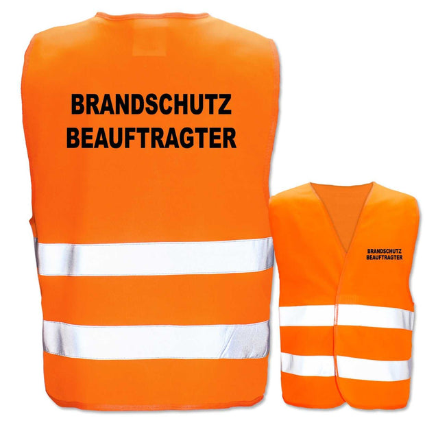 Orange Warnwesten mit Aufdruck Brandschutzbeauftragter und reflektierenden Leuchtstreifen in verschiedenen Größen and Farben