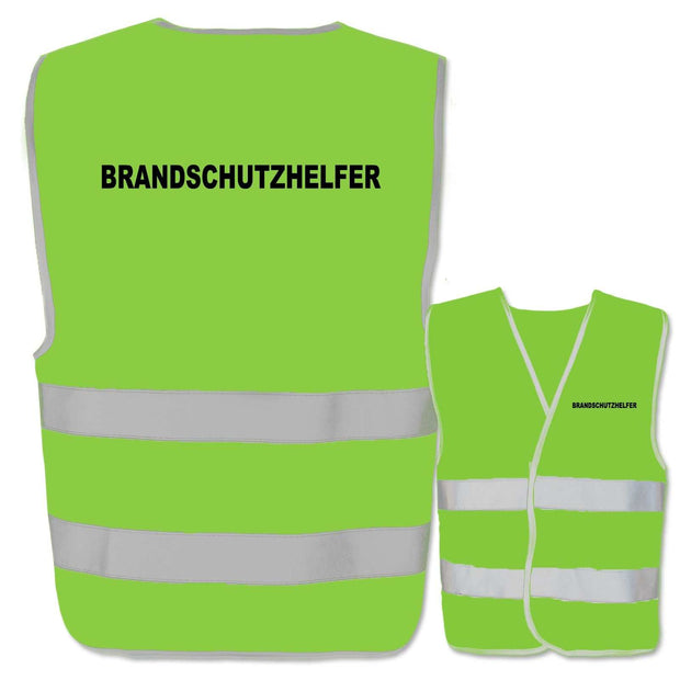 Grüne Warnweste mit Aufdruck Brandschutzhelfer und zwei reflektierenden Leuchtstreifen