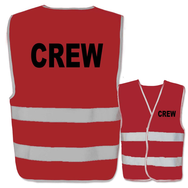 Rote Warnweste mit Aufdruck Crew und zwei reflektierenden Leuchtstreifen in verschiedenen Größen