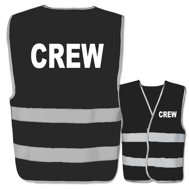 Schwarze Warnweste mit Aufdruck Crew und zwei reflektierenden Leuchtstreifen Vorder- und Rückseite