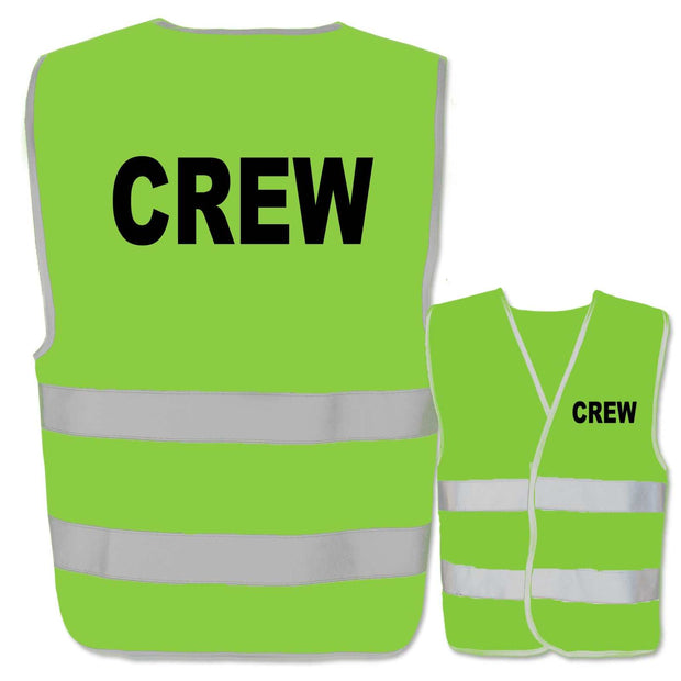 Warnwesten mit Aufdruck Crew in verschiedenen Farben und Größen mit zwei Leuchtstreifen und retroreflektierendem Druck