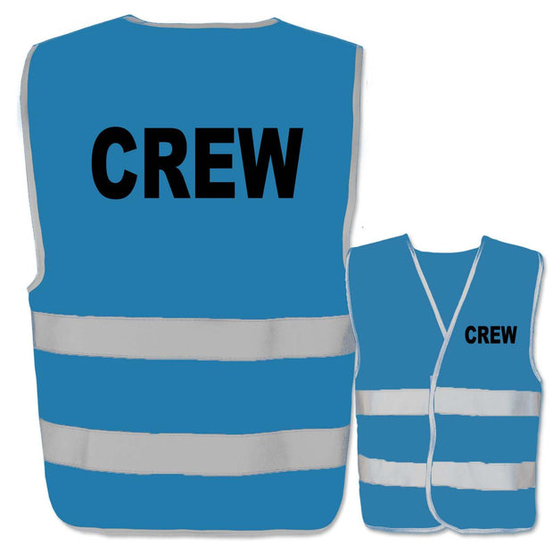 Blau reflektierende Warnwesten mit schwarzem Aufdruck Crew und zwei Leuchtstreifen in verschiedenen Größen