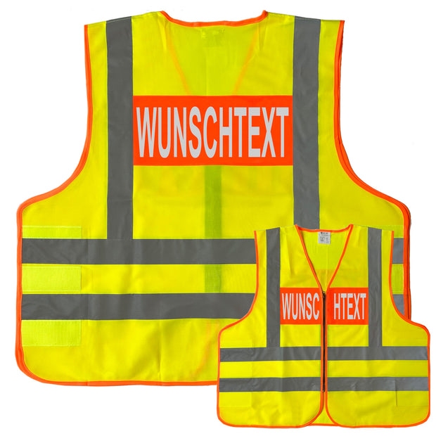 Dönges Warnweste / Signalweste nach BMI-Vorgabe mit 4 Leuchtstreifen // Größe M-XXL // Begriff: Ihr Wunschtext