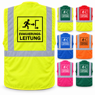 Evakuierungsleitung Weste aus Polyester in Neongelb mit Reflexstreifen, Taschen und großem Fluchtweg-Symboldruck am Rücken.
