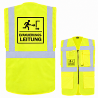 Evakuierungsleitung Weste aus gelbem Polyester mit Reflexstreifen, Reißverschluss, Taschen und Leitungsaufdruck.