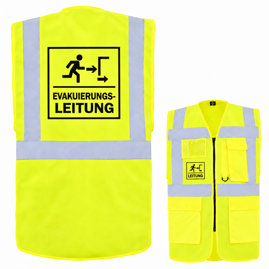 Evakuierungsleitung Weste aus gelbem Polyester mit Reflexstreifen, Reißverschluss, Taschen und Leitungsaufdruck.