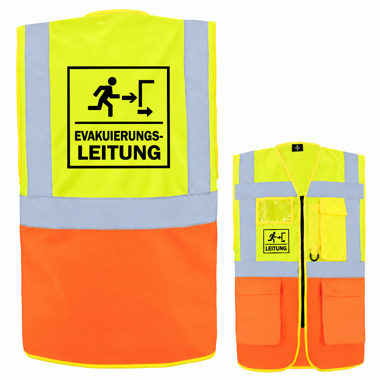 Evakuierungsleitung Weste aus Polyester in Neongelb und Orange mit Reflexstreifen, Reißverschluss, Taschen und Aufdruck «Evakuierungsleitung»