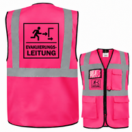 Evakuierungsleitung Weste aus pinkem Polyester mit silbernen Reflexstreifen, Taschen, Reißverschluss und schwarzem Aufdruck.