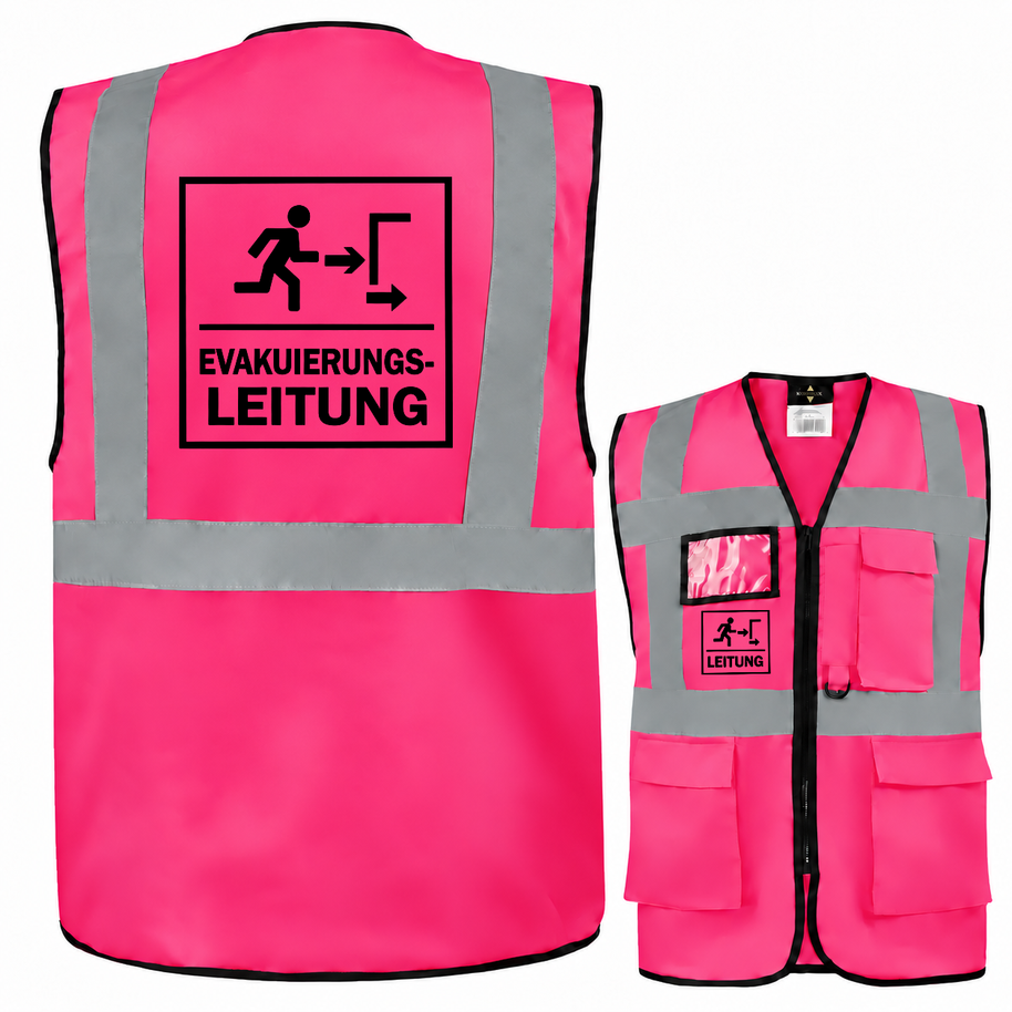 Evakuierungsleitung Weste aus pinkem Polyester mit silbernen Reflexstreifen, Taschen, Reißverschluss und schwarzem Aufdruck.