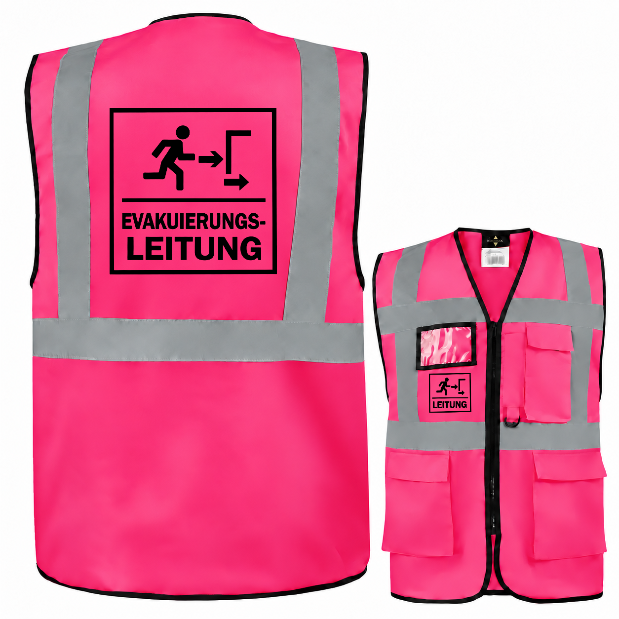 Evakuierungsleitung Weste aus pinkem Polyester mit silbernen Reflexstreifen, Taschen, Reißverschluss und schwarzem Aufdruck.
