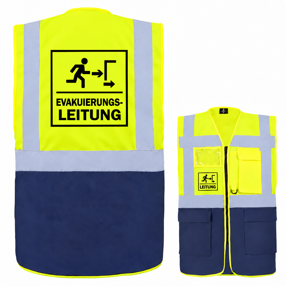 Evakuierungsleitung Weste aus Polyester in Neongelb und Marineblau mit Reflexstreifen, Taschen und Aufdruck „EVAKUIERUNGS-LEITUNG“