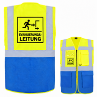 Evakuierungsleitung Weste aus Polyester in Gelb und Blau mit Reflexstreifen, Reißverschluss, Taschen und Aufdruck „EVAKUIERUNGS-LEITUNG“