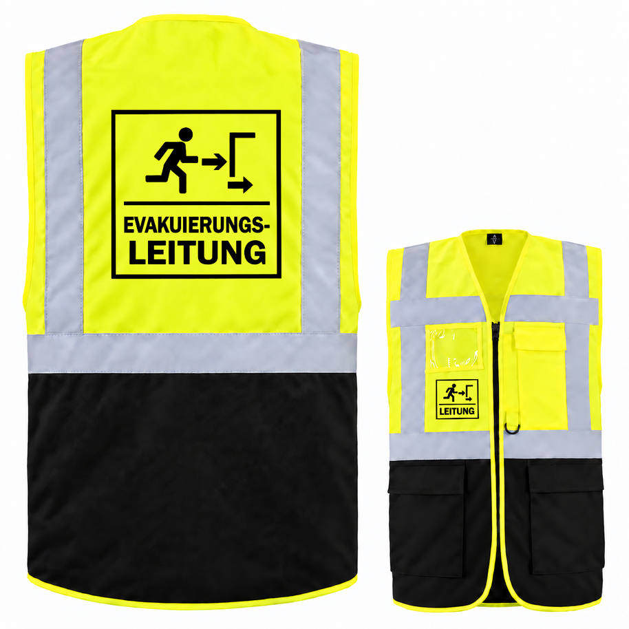 Evakuierungsleitung Weste aus Polyester in Neongelb und Schwarz mit Reflexstreifen, Taschen und Leitungsaufdruck.