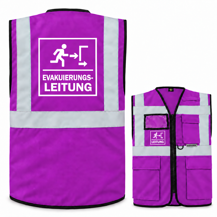 Evakuierungsleitung Weste aus violettem Polyester mit grauen Reflexstreifen, Reißverschluss, Taschen und Leitungsaufdruck.
