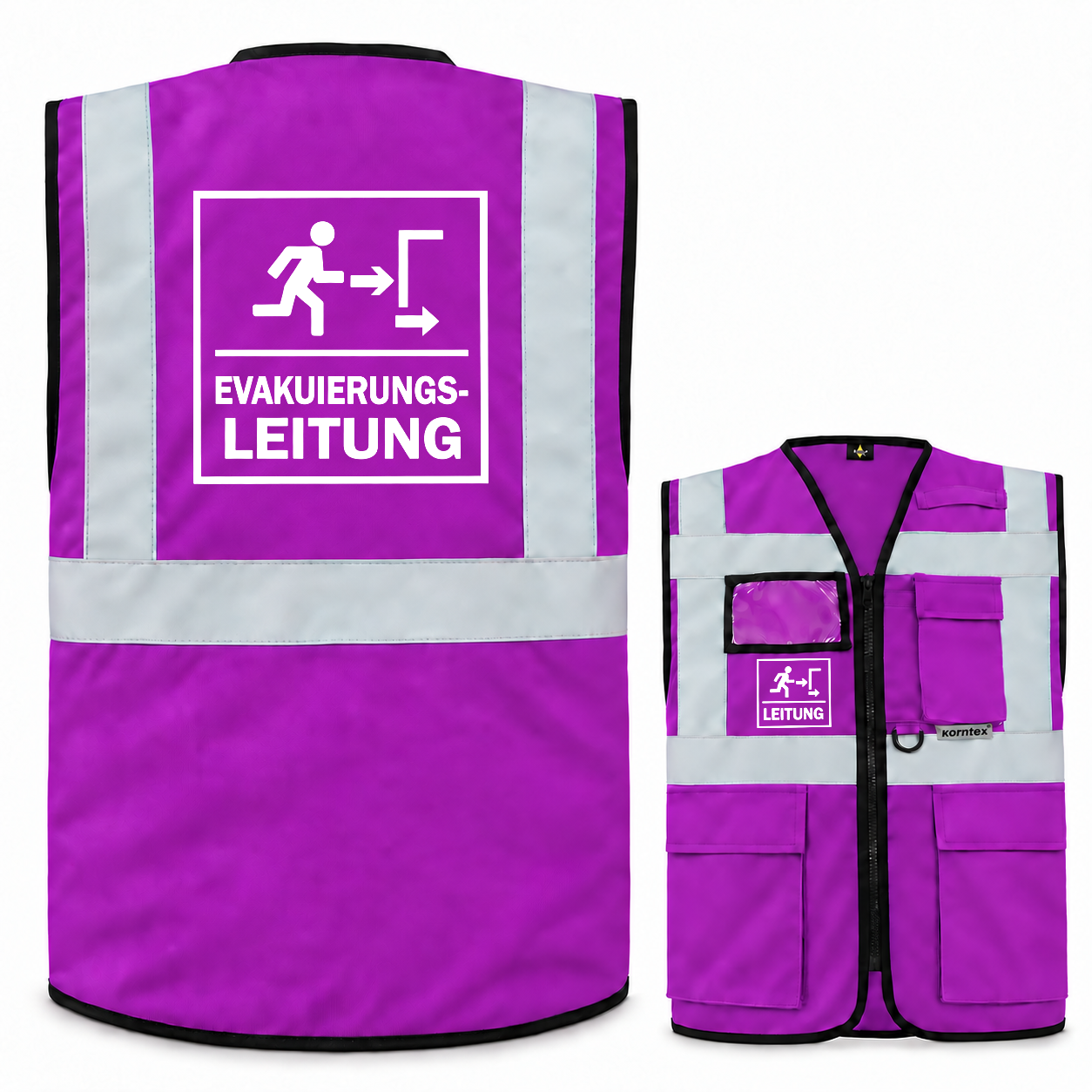Evakuierungsleitung Weste aus violettem Polyester mit grauen Reflexstreifen, Reißverschluss, Taschen und Leitungsaufdruck.
