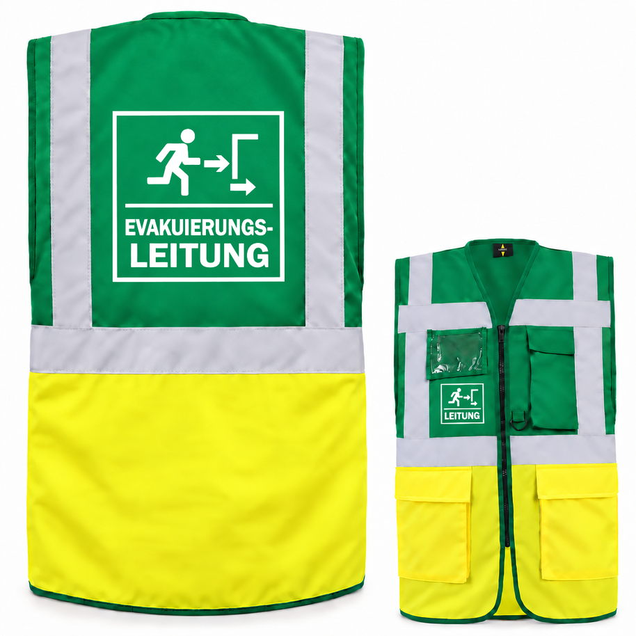 Evakuierungsleitung Weste aus Polyester in Grün und Gelb, mit Reflexstreifen, Taschen, Reißverschluss und Aufdruck „EVAKUIERUNGS-LEITUNG“