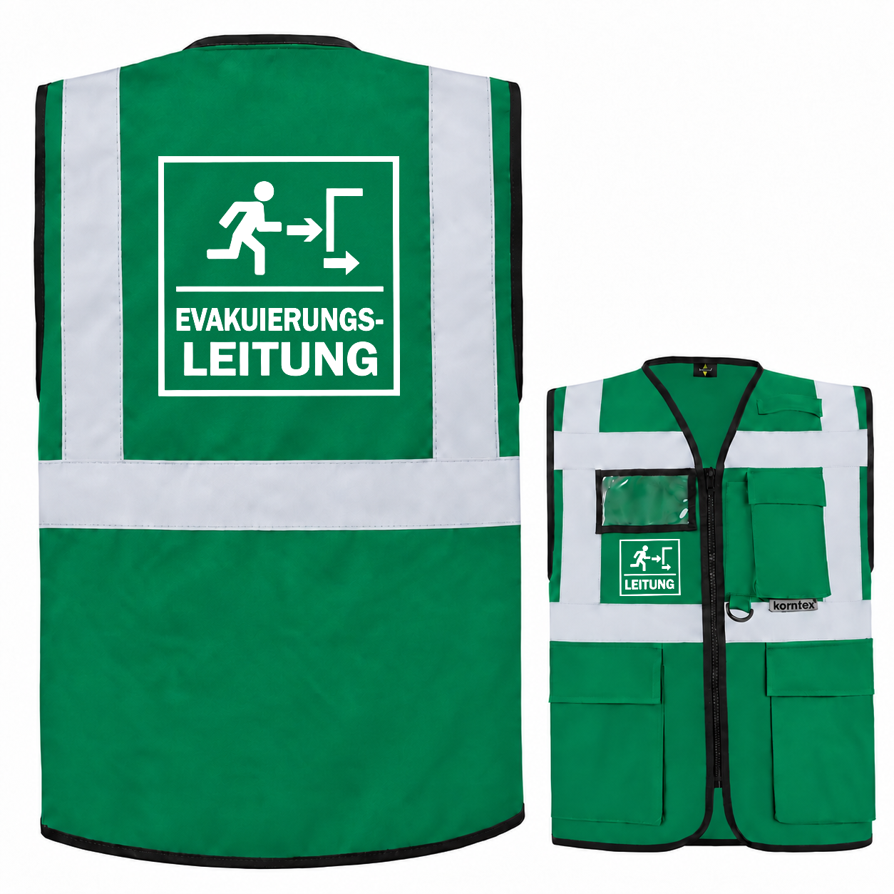 Evakuierungsleitung Weste aus grünem Polyester mit weißen Reflexstreifen, Reißverschluss, Taschen und Aufdruck „EVAKUIERUNGS-LEITUNG“