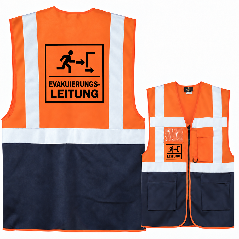 Evakuierungsleitung Weste aus Polyester in Orange und Navyblau mit Reflexstreifen, Taschen und Reißverschluss; Aufdruck vorne und hinten.