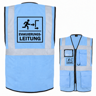 Evakuierungsleitung Weste aus hellblauem Polyester mit silbernen Reflexstreifen, Reißverschluss, Taschen und Aufdruck „EVAKUIERUNGS-LEITUNG“
