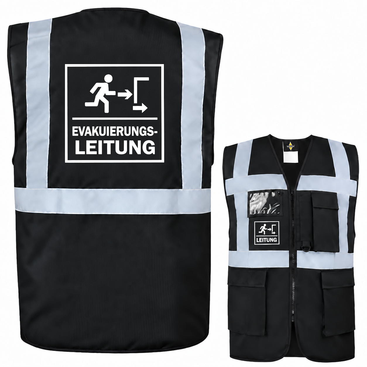 Evakuierungsleitung Weste aus schwarzem Polyester mit silbernen Reflexstreifen, Reißverschluss, Taschen und Aufdruck „EVAKUIERUNGS-LEITUNG“