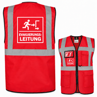 Evakuierungsleitung Weste aus rotem Polyester mit grauen Reflexstreifen, weißen Leitungsaufdrucken, Reißverschluss und Taschen