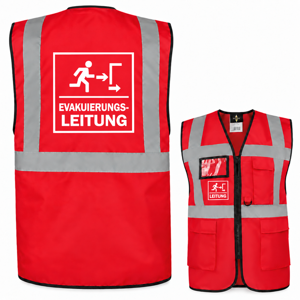 Evakuierungsleitung Weste aus rotem Polyester mit grauen Reflexstreifen, weißen Leitungsaufdrucken, Reißverschluss und Taschen