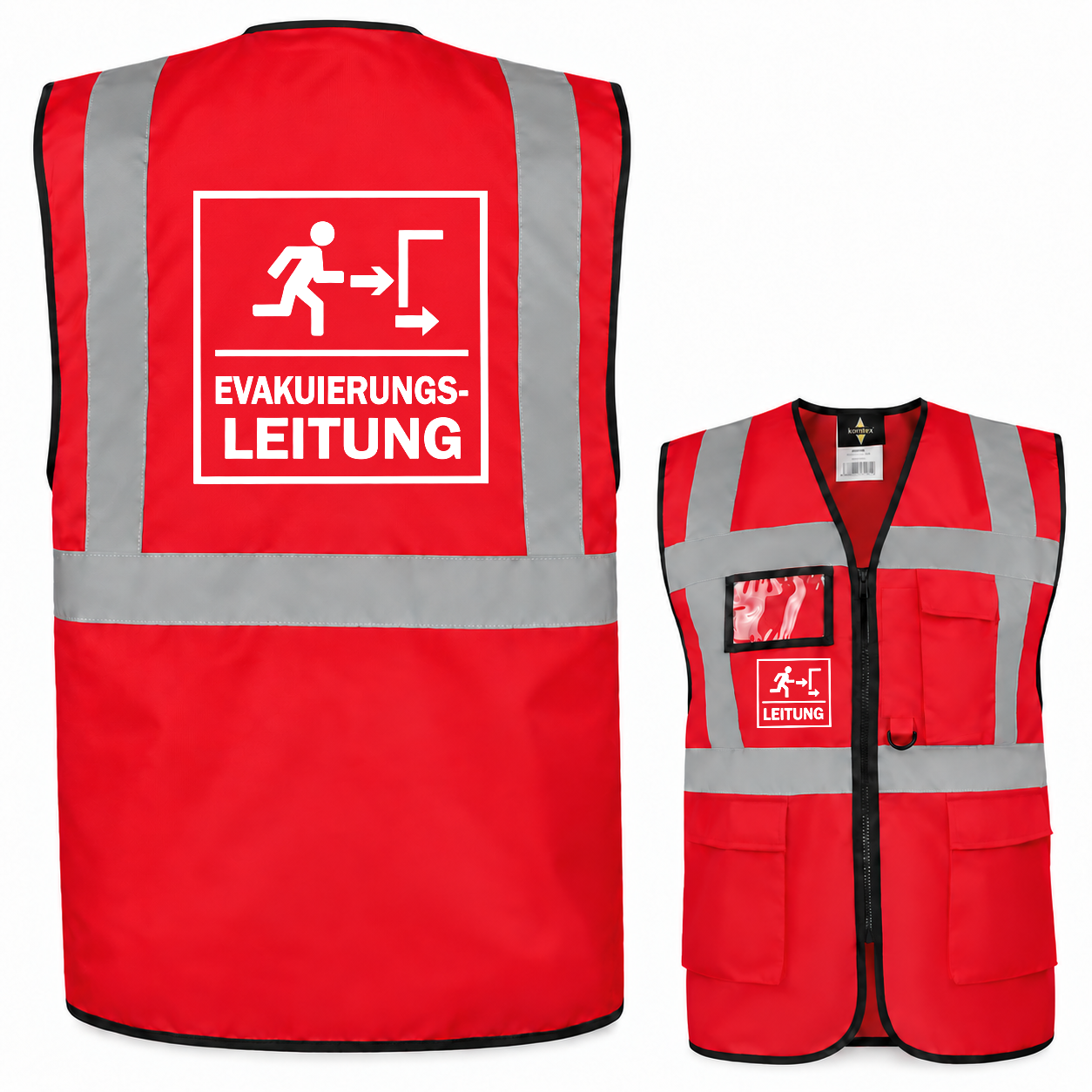 Evakuierungsleitung Weste aus rotem Polyester mit grauen Reflexstreifen, weißen Leitungsaufdrucken, Reißverschluss und Taschen