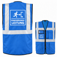 Evakuierungsleitung Weste aus blauem Polyester mit Reflexstreifen, Taschen und Reißverschluss; Aufdruck „EVAKUIERUNGS-LEITUNG“ hinten.