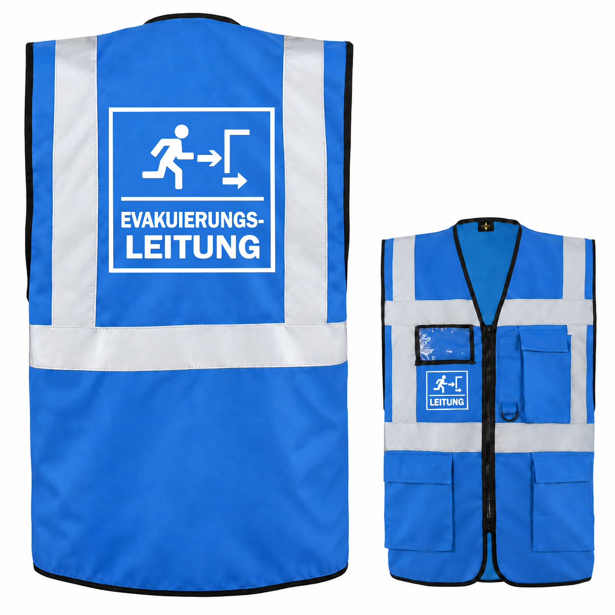 Evakuierungsleitung Weste aus blauem Polyester mit Reflexstreifen, Taschen und Reißverschluss; Aufdruck „EVAKUIERUNGS-LEITUNG“ hinten.