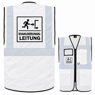 Evakuierungsleitung Weste aus weißem Polyester mit Reflexstreifen, Reißverschluss und Taschen, bedruckt mit Leitungssymbol.