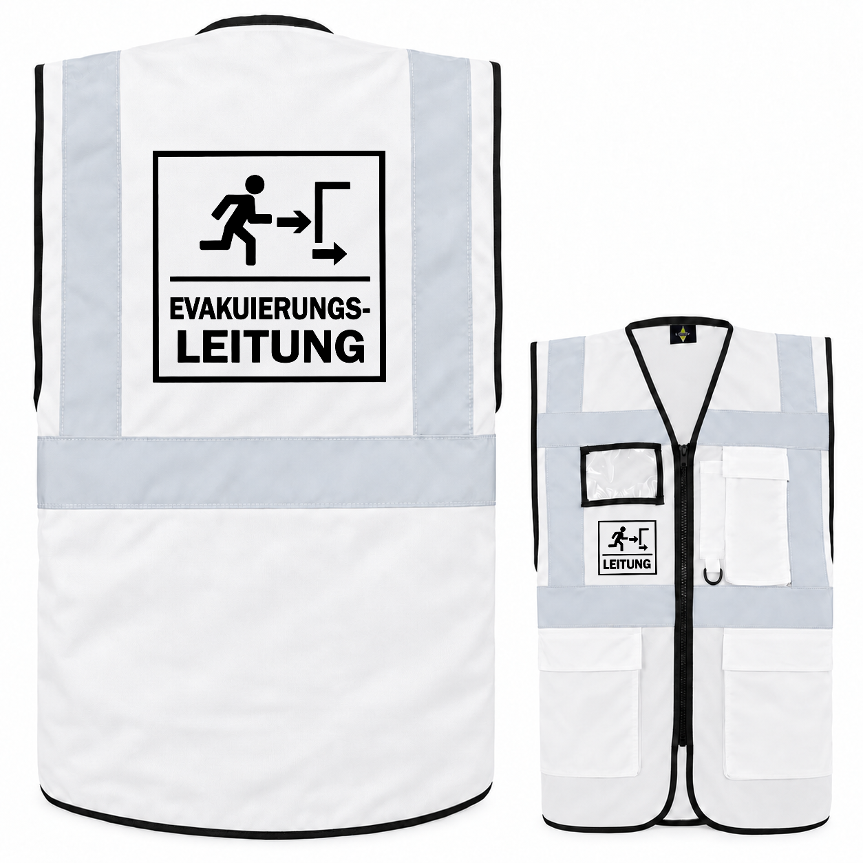 Evakuierungsleitung Weste aus weißem Polyester mit Reflexstreifen, Reißverschluss und Taschen, bedruckt mit Leitungssymbol.